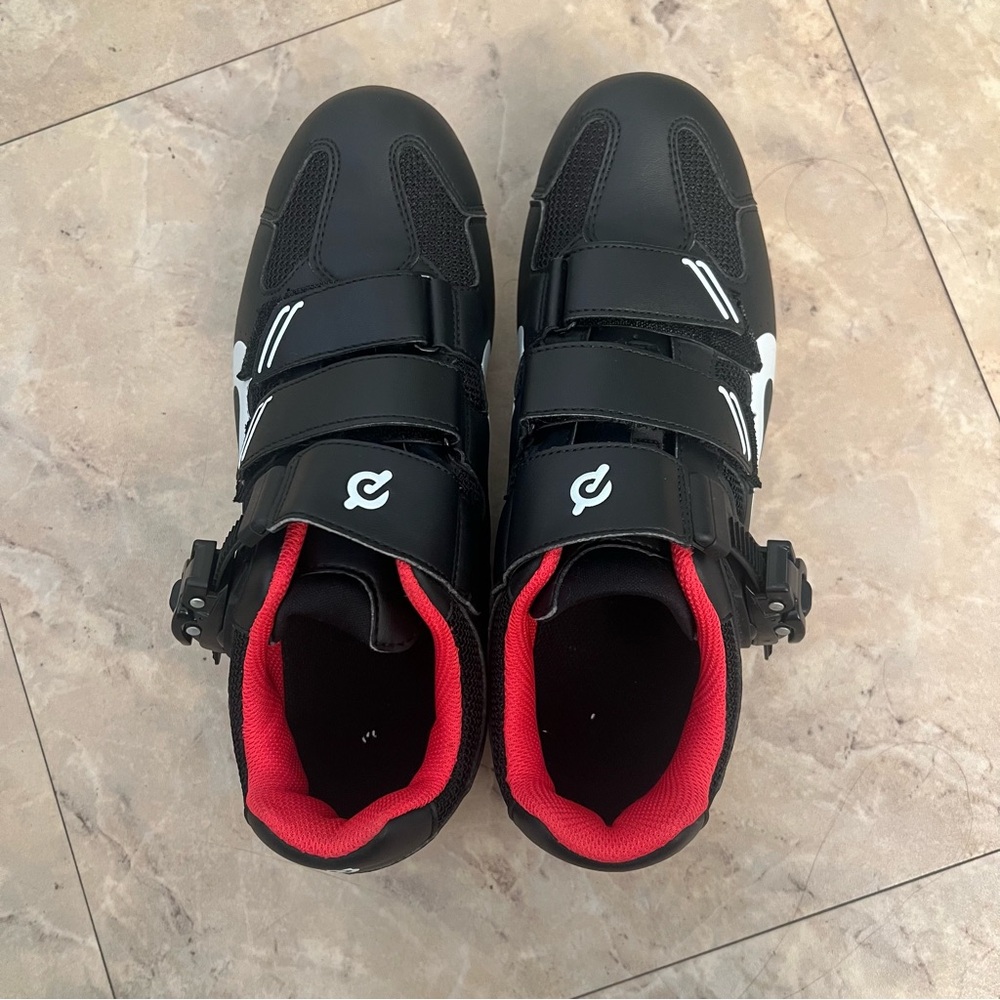 Peloton Black and White Cycling Shoes with Red Cleats